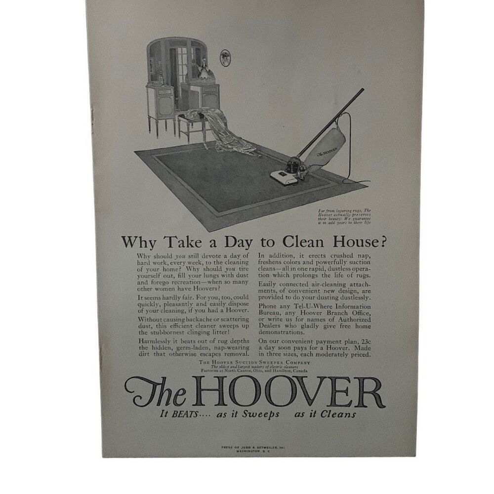 Vintage 1922 Hoover Vacuum Take the Day Ad Advertisement